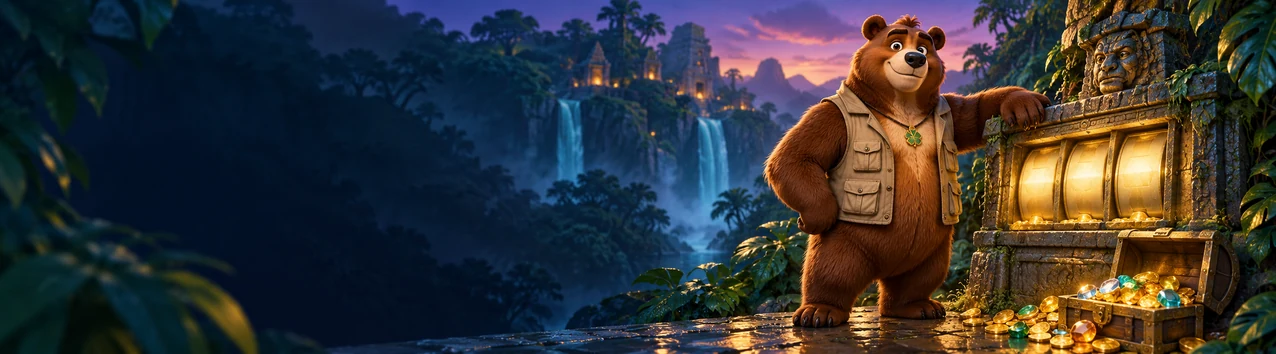 Baloo Casino mascotte bij een stenen speelkast in de jungle